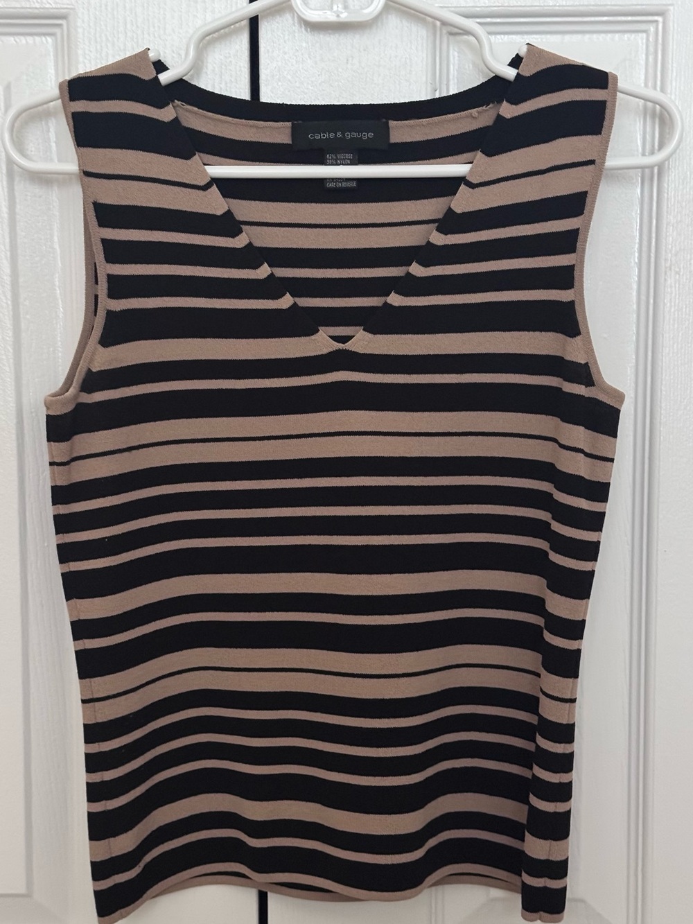 Cable & Gauge Black and Taupe Striped V-Neck Sleeveless Tank